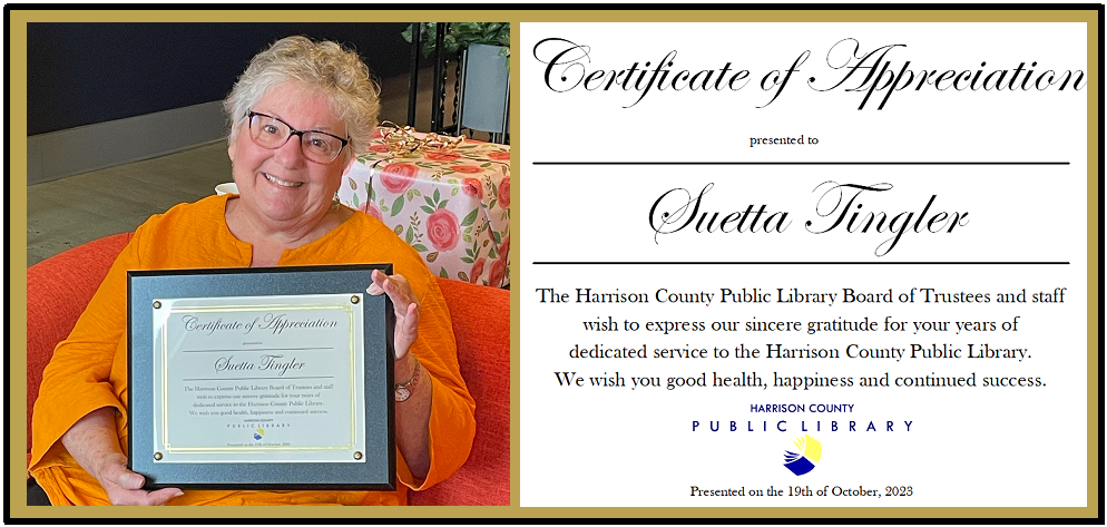 Certificate of Appreciation presented to Suetta Tingler
